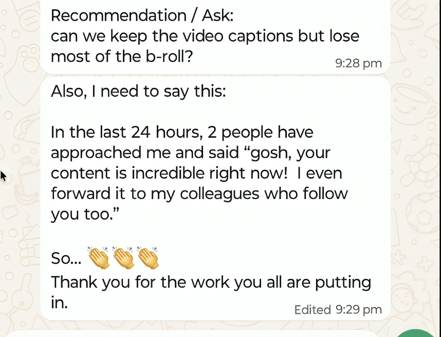 WhatsApp message showing positive client feedback praising content quality for RevOps Consulting Group.